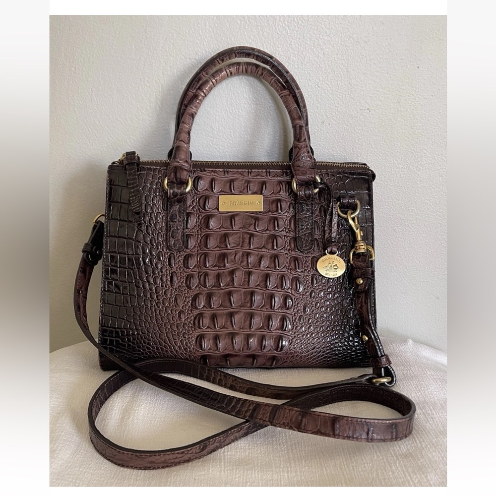 Brahmin Anywhere Convertible Purplish Pink Croc Embossed Satchel Crossbody Bag